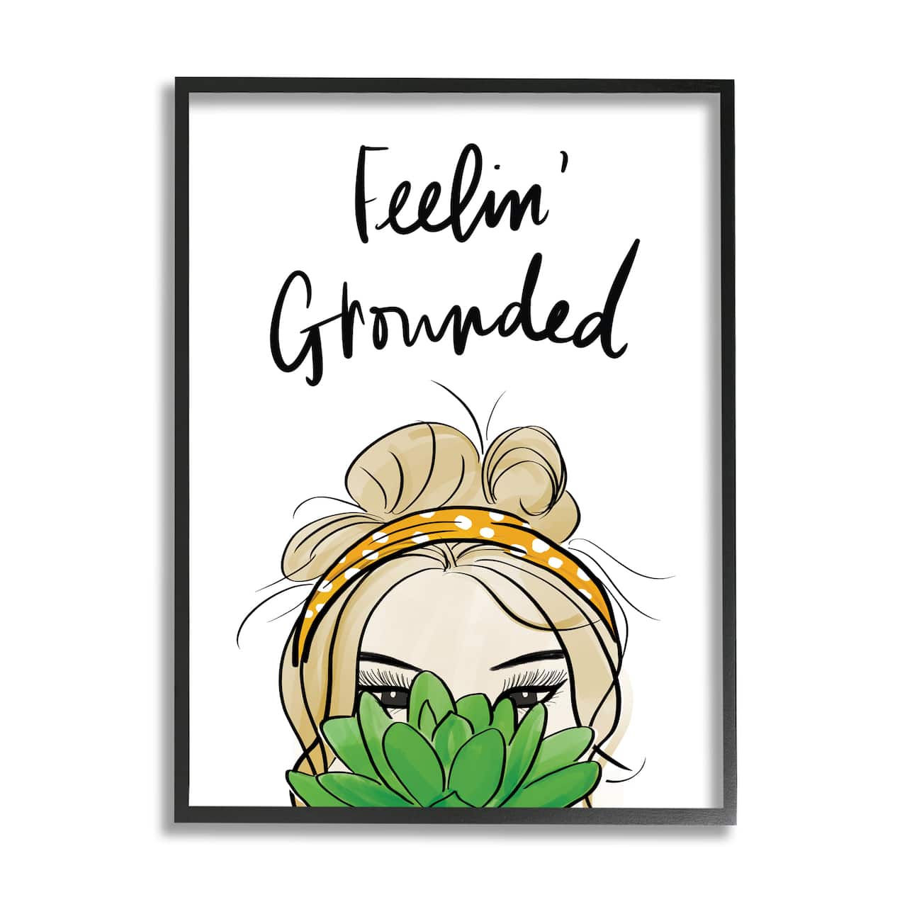 Stupell Industries Feelin' Grounded Phrase Woman With Plant in Black Frame Wall Art